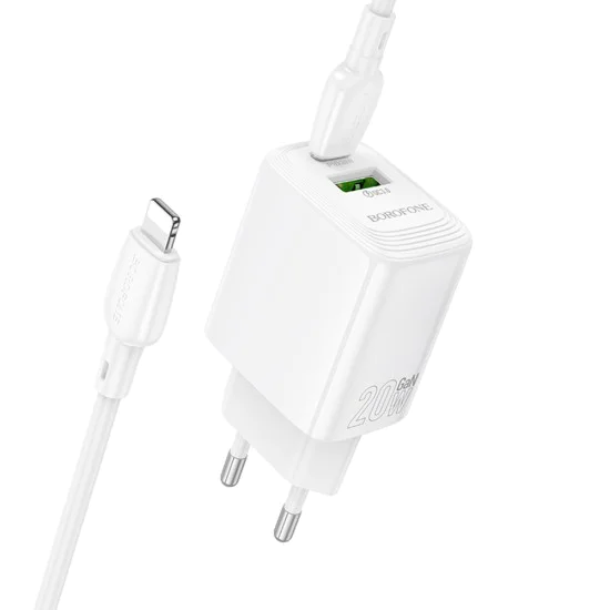 Зарядно за стена – Borofone (BN27 Fuente) – включен USB-C към Lightning кабел, USB + USB-C, PD20W QC3.0 GaN – Бял