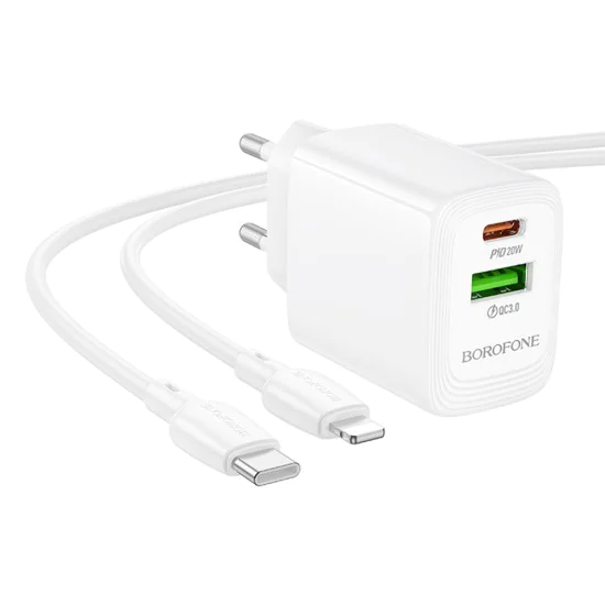 Зарядно за стена – Borofone (BN27 Fuente) – включен USB-C към Lightning кабел, USB + USB-C, PD20W QC3.0 GaN – Бял