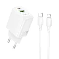 Зарядно за стена – Borofone (BN27 Fuente) – включен USB-C към Lightning кабел, USB + USB-C, PD20W QC3.0 GaN – Бял