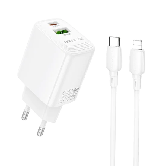 Зарядно за стена – Borofone (BN27 Fuente) – включен USB-C към Lightning кабел, USB + USB-C, PD20W QC3.0 GaN – Бял