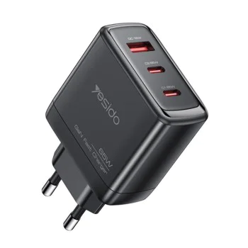 Зарядно за стена – Yesido Wall Charger (YC144) – 2× Type-C + USB-A, GaN, 65W, Fast Charge – Черно