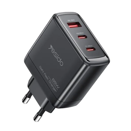 Зарядно за стена – Yesido Wall Charger (YC144) – 2× Type-C + USB-A, GaN, 65W, Fast Charge – Черно