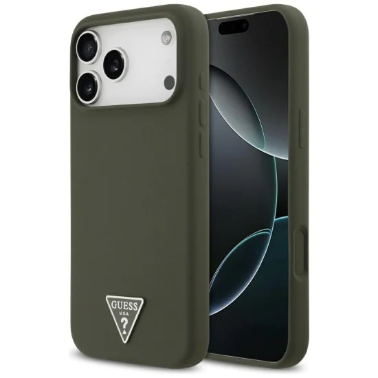 Калъф за iPhone 17 Pro Max - Guess - Силиконов триъгълен лого MagSafe (GUHMP17XSCTRLMA) - Каки