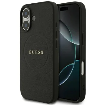 Калъф за iPhone 17 - Guess - Grained Gold Ring MagSafe (GUHMP17SPGHSMMK) - Черен