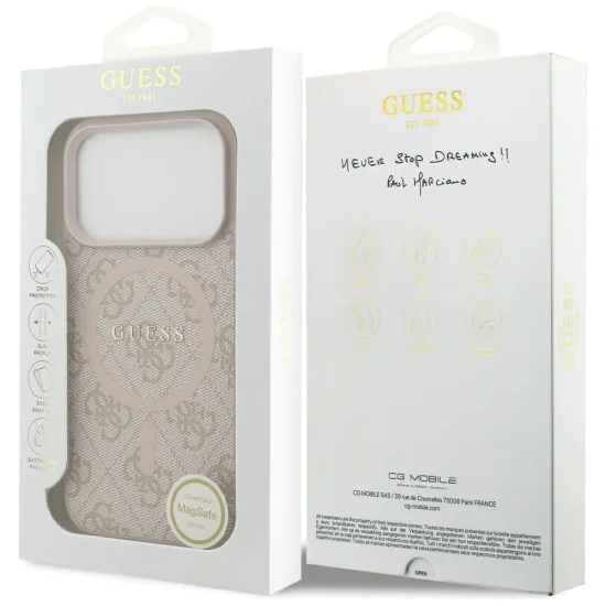 Калъф за iPhone 17 Pro – с MagSafe – Guess (GUHMP17LG4GFRP) 4G Ring Classic Logo – Розов