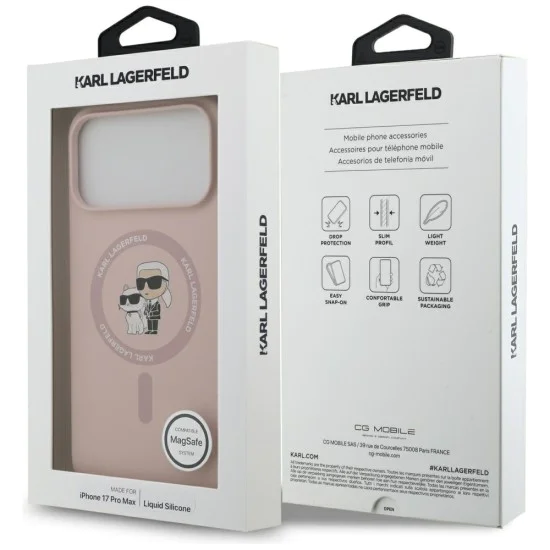 Калъф за iPhone 17 Pro Max - Karl Lagerfeld - Силиконов пръстен MagSafe (KLHMP17XSCMKCRHP) - Розов
