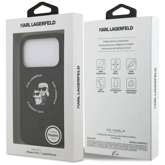 Калъф за iPhone 17 Pro - Karl Lagerfeld - Силиконов пръстен MagSafe (KLHMP17LSCMKCRHK) - Черен