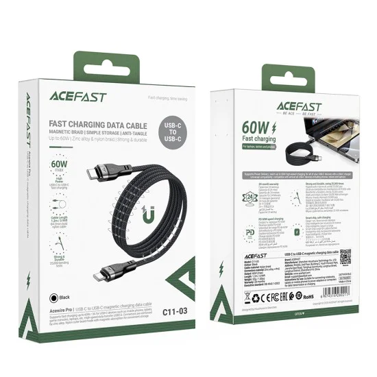 Acefast - Кабел за данни (C11-03) - Магнитно навиване, Бързо зареждане, Type-C към Type-C, 60W, 3A, Регулируема дължина, 1.2 м - Черен