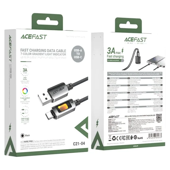Acefast - Кабел за данни (C21-04) - Бързо зареждане, USB към Type-C, 3A, Цветен градиентен светлинен ефект, Найлонова оплетка, 1.2 м - Черен
