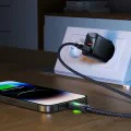 Acefast - Кабел за данни (C21-04) - Бързо зареждане, USB към Type-C, 3A, Цветен градиентен светлинен ефект, Найлонова оплетка, 1.2 м - Черен