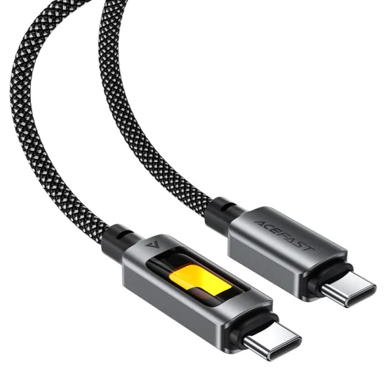 Acefast - Кабел за данни (C21-03) - Бързо зареждане, Type-C към Type-C, 60W, 3A, Цветен градиентен светлинен ефект, 1.2 м - Черен