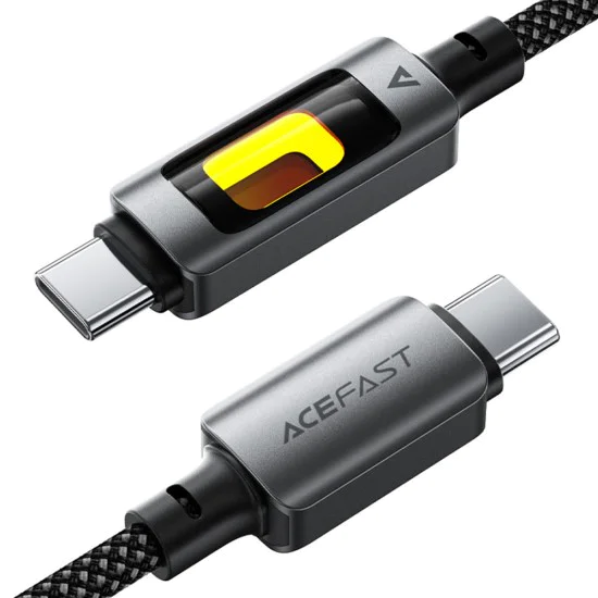 Acefast - Кабел за данни (C21-03) - Бързо зареждане, Type-C към Type-C, 60W, 3A, Цветен градиентен светлинен ефект, 1.2 м - Черен