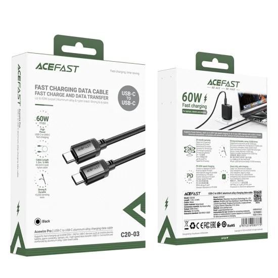 Acefast - Кабел за данни (C20-03) - USB-C към Type-C, 60W, 3A, Бързо зареждане, Устойчив на огъване, Найлонова оплетка, 1.2 м - Черен