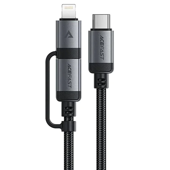Acefast - Кабел за данни (C20-01) - USB-C към Type-C, Lightning, 60W, бързо зареждане, устойчив на огъване, MFi сертифициран, 1.2 м - Черен