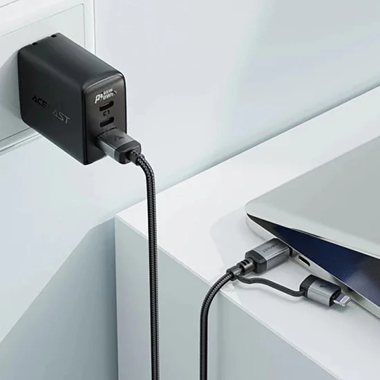 Acefast - Кабел за данни (C20-01) - USB-C към Type-C, Lightning, 60W, бързо зареждане, устойчив на огъване, MFi сертифициран, 1.2 м - Черен