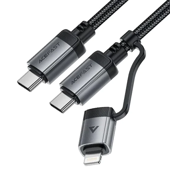 Acefast - Кабел за данни (C20-01) - USB-C към Type-C, Lightning, 60W, бързо зареждане, устойчив на огъване, MFi сертифициран, 1.2 м - Черен
