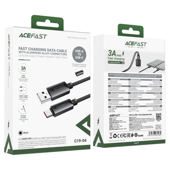 Acefast - Кабел за данни (C19-04) - USB към Type-C, бързо зареждане, 3A, устойчив на огъване, найлонова оплетка, 1.2 м - черен
