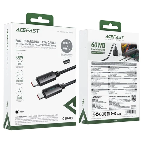 Acefast - Кабел за данни (C19-03) - Type-C към Type-C, бързо зареждане, 60W, 3A, устойчив на огъване, найлонова оплетка, 1.2 м - черен
