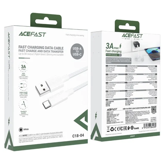 Acefast - Кабел за данни (C18-04) - USB към Type-C, бързо зареждане, 3A, устойчив на огъване, найлонова оплетка, 1.2 м - бял