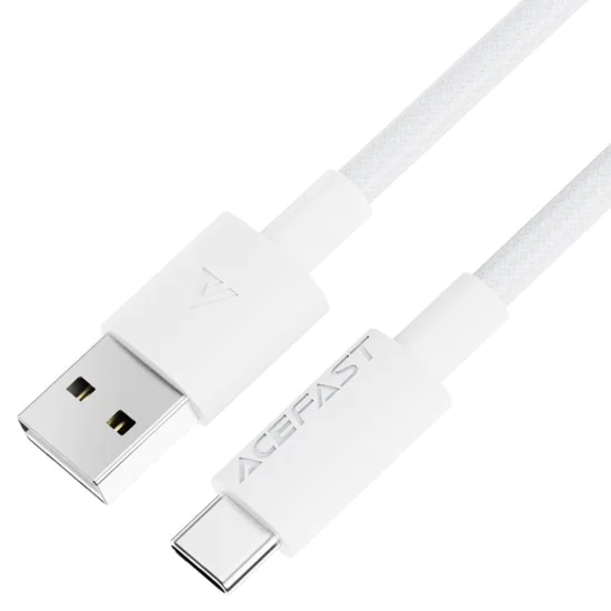 Acefast - Кабел за данни (C18-04) - USB към Type-C, бързо зареждане, 3A, устойчив на огъване, найлонова оплетка, 1.2 м - бял