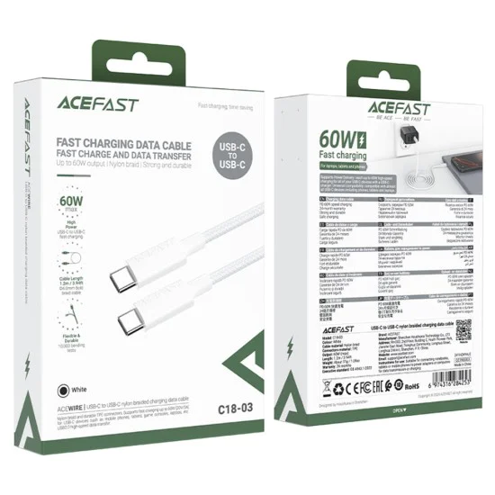 Acefast - Кабел за данни (C18-03) - Type-C към Type-C, бързо зареждане, 60W, 3A, устойчив на огъване, найлонова оплетка, 1.2 м - бял