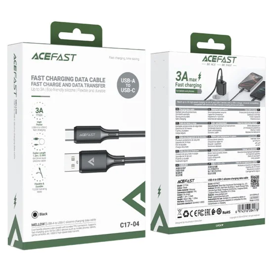 Acefast - Кабел за данни (C17-04) - USB към Type-C, бързо зареждане, 3A, устойчив на огъване, мек силикон, 1.2 м - черен