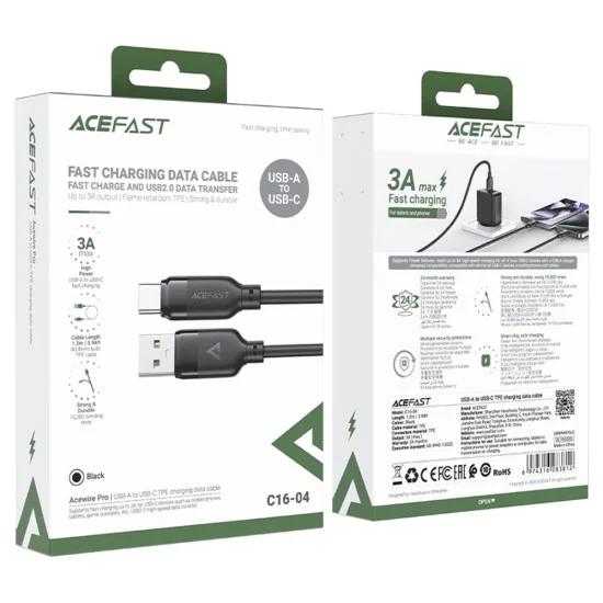 Acefast - Кабел за данни (C16-04) - Бързо зареждане, USB към Type-C, 3A, Устойчив на огъване, 1.2 м - Черен