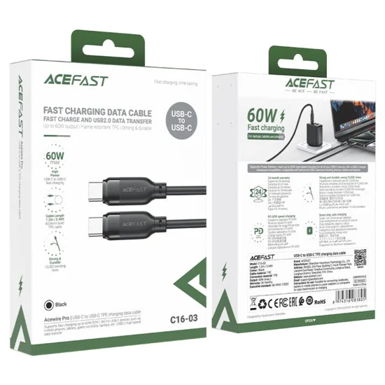 Acefast - Кабел за данни (C16-03) - Бързо зареждане, Type-C към Type-C, 60W, 3A, Устойчив на огъване, 1.2 м - Черен