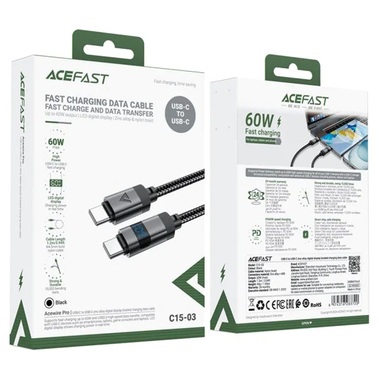 Acefast - Кабел за данни (C15-03) - с дигитален дисплей, бързо зареждане, Type-C към Type-C, 60W, 3A, цинкова сплав, 1.2 м - черен