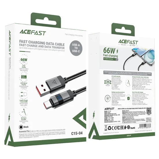 Acefast - Кабел за данни (C15-04) - с дигитален дисплей, бързо зареждане, Type-C към Type-C, 66W, 11V/6A, цинкова сплав, 1.2 м - черен