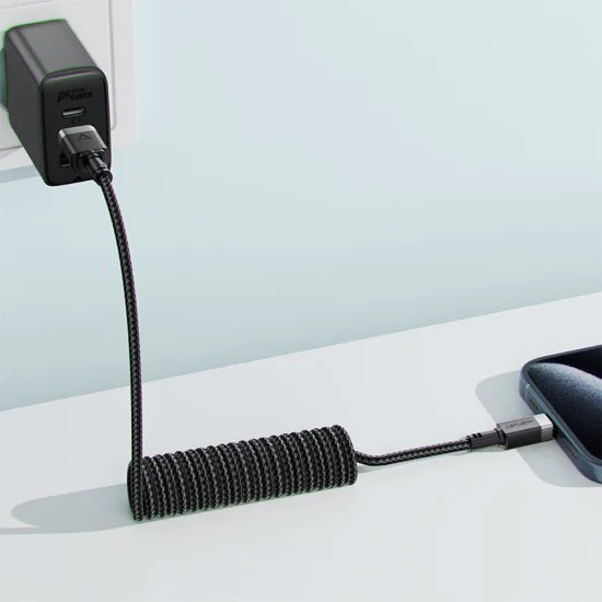 Acefast - Кабел за данни (C14-04) - Бързо зареждане, USB към Type-C, Пружинен дизайн, 3A, Устойчив на огъване, 1.2 м - Черен