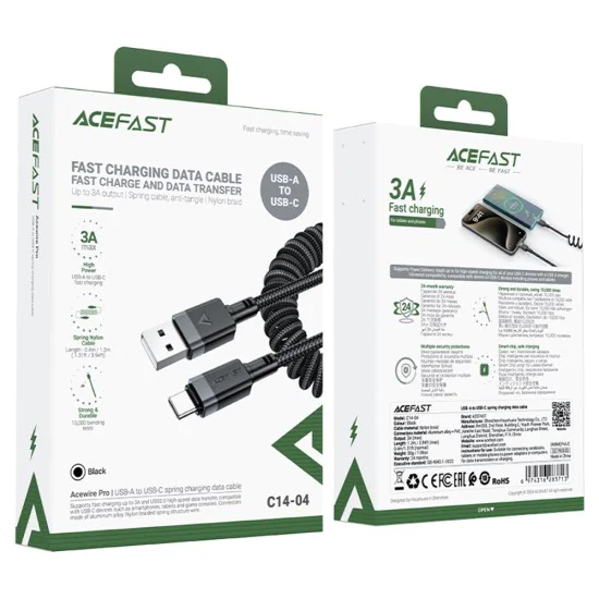 Acefast - Кабел за данни (C14-04) - Бързо зареждане, USB към Type-C, Пружинен дизайн, 3A, Устойчив на огъване, 1.2 м - Черен