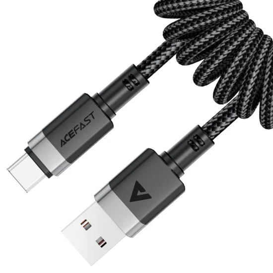 Acefast - Кабел за данни (C14-04) - Бързо зареждане, USB към Type-C, Пружинен дизайн, 3A, Устойчив на огъване, 1.2 м - Черен