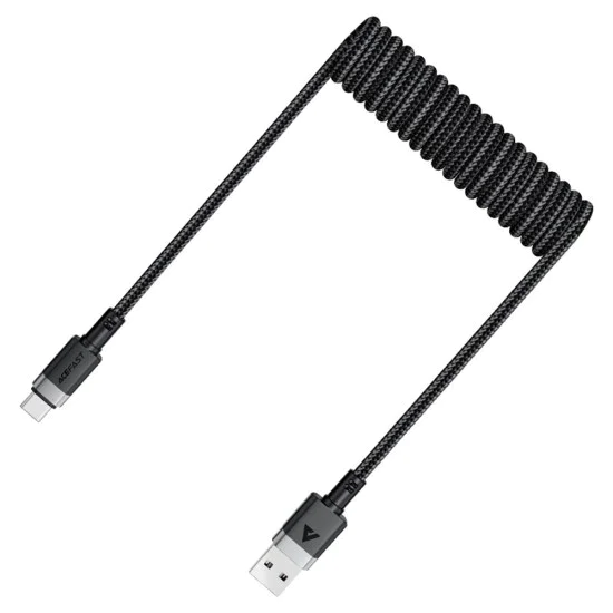 Acefast - Кабел за данни (C14-04) - Бързо зареждане, USB към Type-C, Пружинен дизайн, 3A, Устойчив на огъване, 1.2 м - Черен