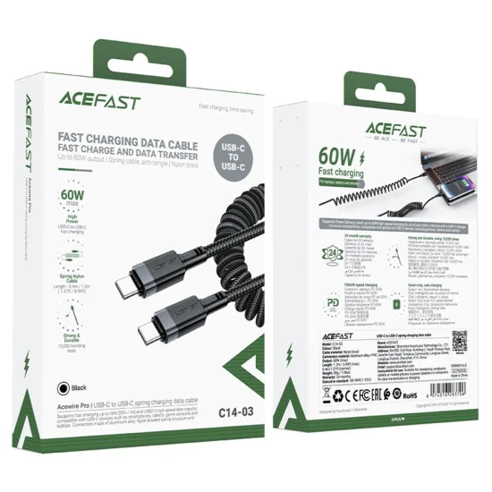Acefast - Кабел за данни (C14-03) - Бързо зареждане, Type-C към Type-C, Пружинен дизайн, 60W, 3A, Устойчив на огъване, 1.2 м - Черен