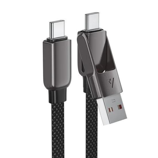 Acefast - Кабел за данни (C13-04) - Бързо зареждане, Type-C към USB, Type-C, 60W, 3A, Устойчив на огъване, Цинкова сплав, 1.2 м - Черен