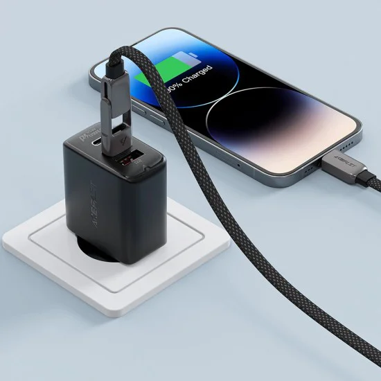 Acefast - Кабел за данни (C13-04) - Бързо зареждане, Type-C към USB, Type-C, 60W, 3A, Устойчив на огъване, Цинкова сплав, 1.2 м - Черен