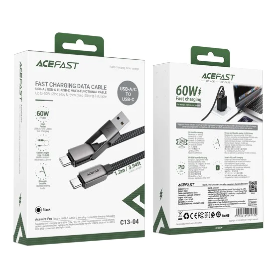 Acefast - Кабел за данни (C13-04) - Бързо зареждане, Type-C към USB, Type-C, 60W, 3A, Устойчив на огъване, Цинкова сплав, 1.2 м - Черен