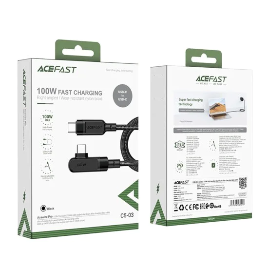 Acefast - Кабел за данни (C5-03) - Бързо зареждане, Type-C към Type-C, 100W, 5A, Правоъгълен дизайн, Найлонова оплетка, 2 м - Черен