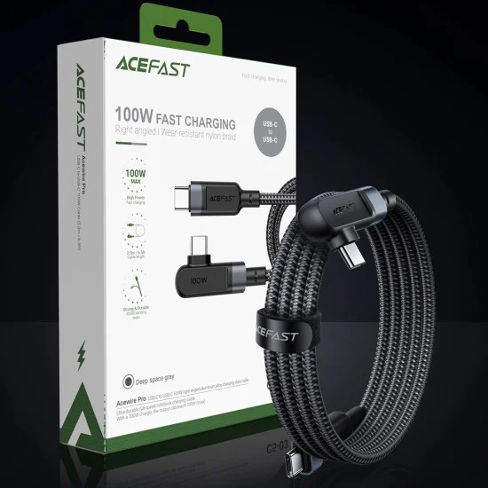 Acefast - Кабел за данни (C5-03) - Бързо зареждане, Type-C към Type-C, 100W, 5A, Правоъгълен дизайн, Найлонова оплетка, 2 м - Черен