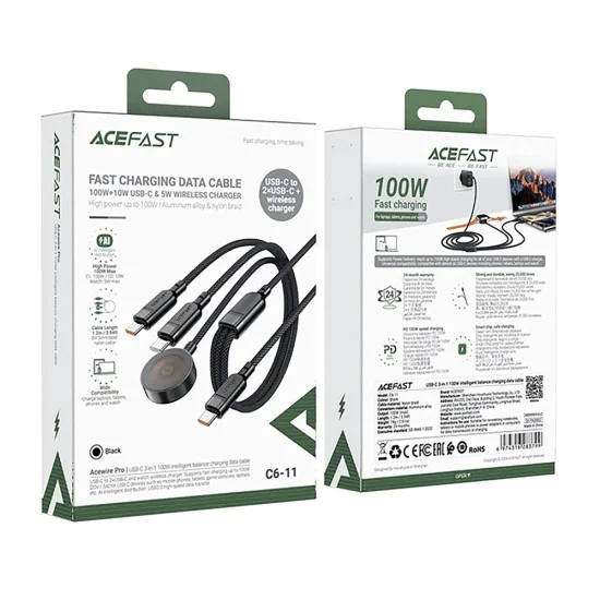 Acefast - Кабел за данни (C6-11) - Бързо зареждане, 2x Type-C, Безжично зарядно към USB-C, 3 в 1, 100W, 5A, 5W, 480Mb/s, 1.2 м - Черен