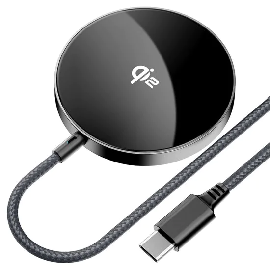 Acefast - Магнитно безжично зарядно (E24) - MagSafe, Бързо зареждане, Qi2, Type-C, 15W, 2.25A, Закалено стъкло, 1.2 м - Метално сиво