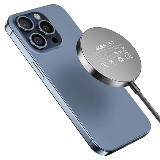 Acefast - Магнитно безжично зарядно (E24) - MagSafe, Бързо зареждане, Qi2, Type-C, 15W, 2.25A, Закалено стъкло, 1.2 м - Метално сиво
