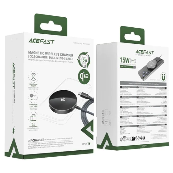 Acefast - Магнитно безжично зарядно (E24) - MagSafe, Бързо зареждане, Qi2, Type-C, 15W, 2.25A, Закалено стъкло, 1.2 м - Метално сиво