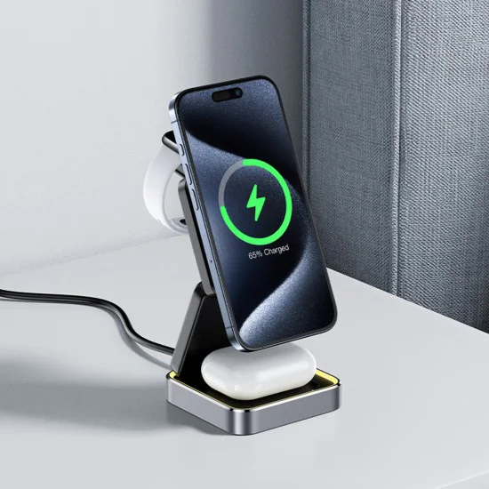 Acefast - Зарядна станция 3 в 1 (E20) - MagSafe за телефон, слушалки, Apple Watch, 23W, 3A, Сгъваема - Метално сива