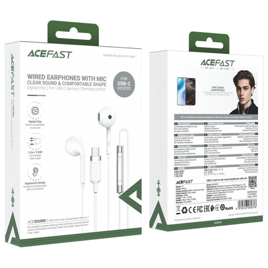 Acefast - Кабелни слушалки (L7) - Type-C, полу-вътрешни, с HD микрофон, гъвкави, 1.2 м - бели