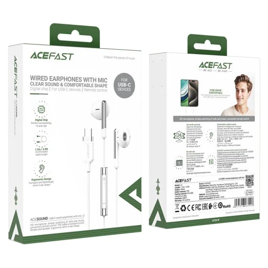Acefast - Кабелни слушалки (L3) - Type-C, Половинка за поставяне в ухото, с микрофон, Анти-навиване, Гъвкави, 1.2 м - Бяла