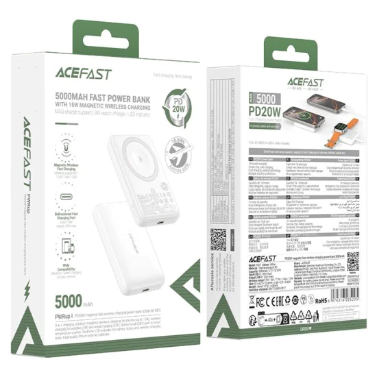 Магнитна безжична външна батерия (M25-5000) - Acefast - MagSafe, бързо зареждане, USB-C, 5000mAh, 20W - Бяло