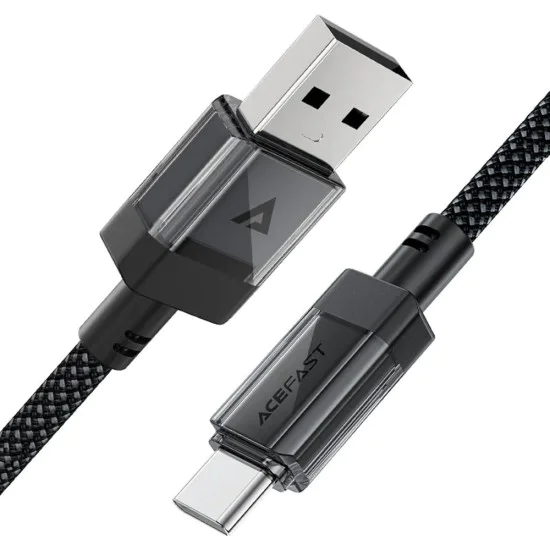 Acefast - Кабел за данни (C12-04) - Бързо зареждане, USB към Type-C, 3A, Прозрачен корпус, Плетена найлонова обвивка, 1.2 м - Черен