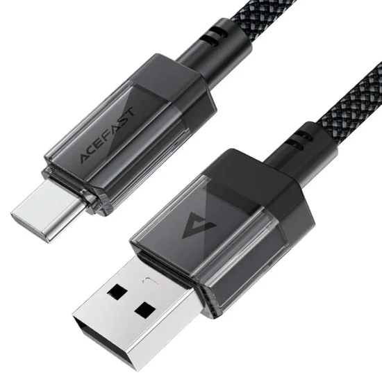 Acefast - Кабел за данни (C12-04) - Бързо зареждане, USB към Type-C, 3A, Прозрачен корпус, Плетена найлонова обвивка, 1.2 м - Черен